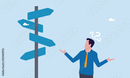 Work direction or leadership to choose the right way to success concept, business decision making, career path, confusing businessman manager looking at multiple road sign and thinking which way to go