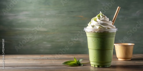 Matcha frappuccino in plastic cup with whipped cream and a straw , matcha, frappuccino, plastic cup, drink, beverage