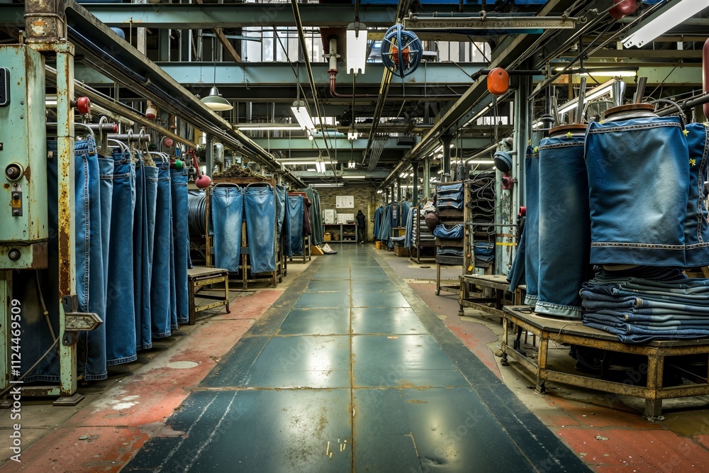 A factory filled with lots of blue jeans on racks A factory filled with lots of blue jeans on racks