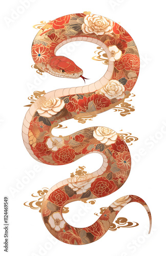 Simple red gold snake with floral ornament on skin in Chinese art style. Asian New Year 2025