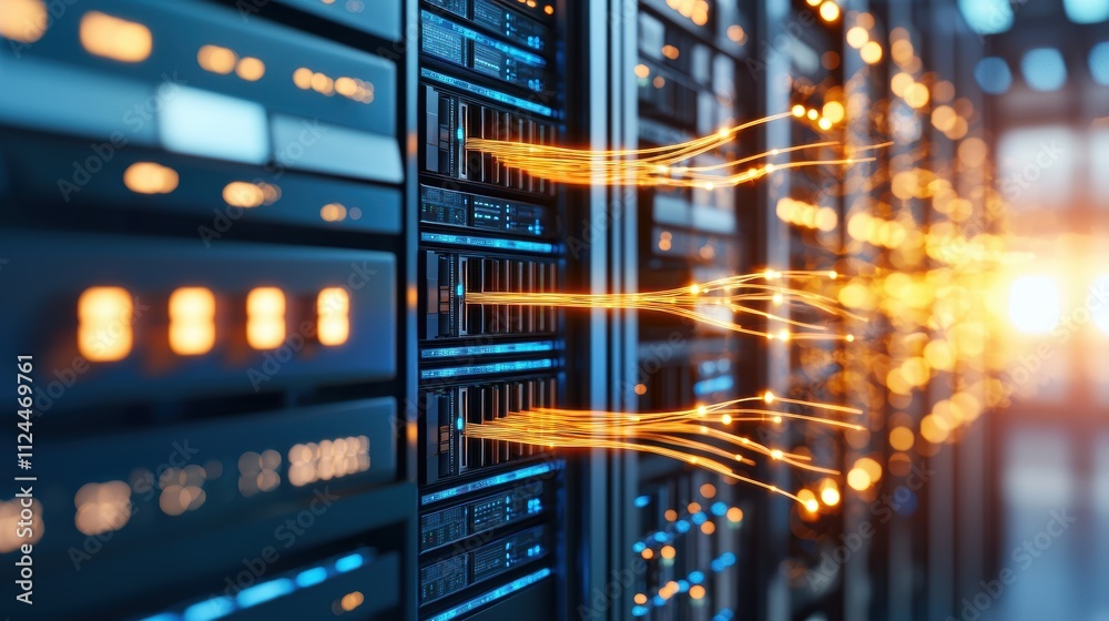 Data Center with Illuminated Servers and Flowing Data Streams Data Center with Illuminated Servers and Flowing Data Streams