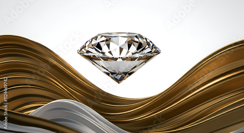 Abstract Gold and White Waves with Floating 3D Diamond Icon