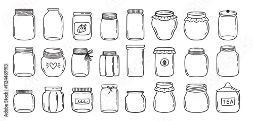 Jars hand drawn doodle isolated on white background. Jar empty, template outline drawing elements collection.