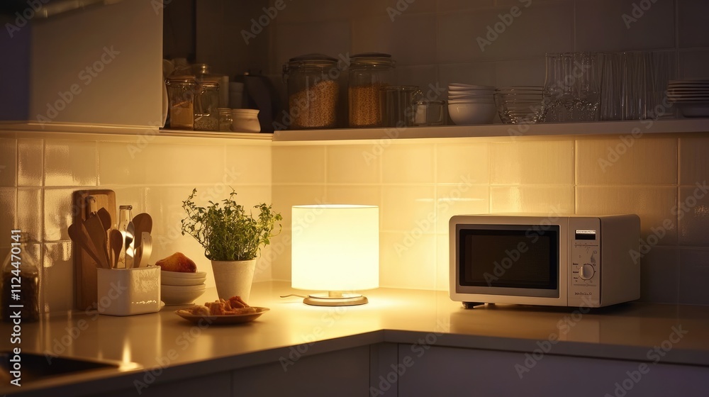Cozy Kitchen Corner with Lamp and Microwave Cozy Kitchen Corner with Lamp and Microwave