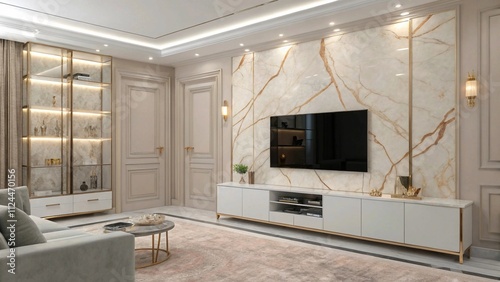 Pale ash wood TV wall with brushed aluminum trims, Modern ash and aluminum design

