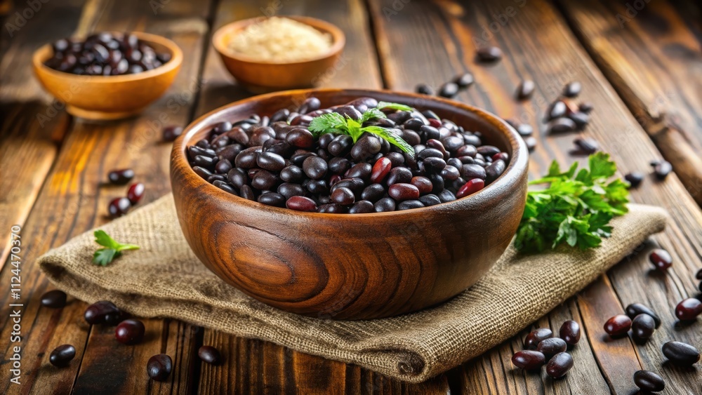 Cooked black beans in a rustic bowl on a wooden table, black beans, cooked, food, bowl, wooden table, healthy, vegetarian Cooked black beans in a rustic bowl on a wooden table, black beans, cooked, food, bowl, wooden table, healthy, vegetarian