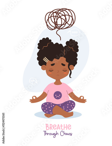 Thoughtful sad afro american curly girl sits in lotus pose meditates. Confused thoughts and tangled tangle, problem solving and messages. Psychological concept finding solutions. Vector illustration