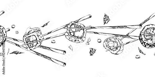 Japanese food sushi rolls california philadelphia alaska on chopsticks with raw fish salmon unagi tuna shrimp, hand drawn in vector pen and ink. Seamless banner for restaurant, cafe menu, recipe book
