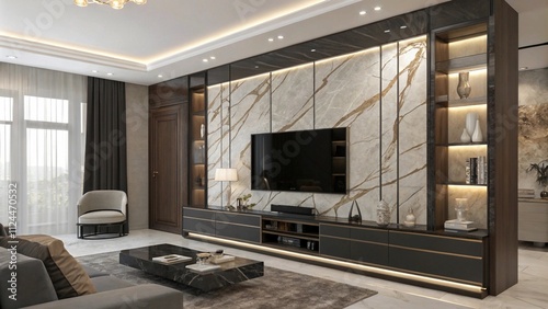 Pale ash wood TV wall with brushed aluminum trims, Modern ash and aluminum design

