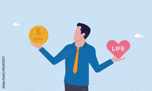 Confuse businessman with big coin with the word work and life heart shape in other hand, work life balance, choose between spend your time with family and yourself or hard work to make money concept.