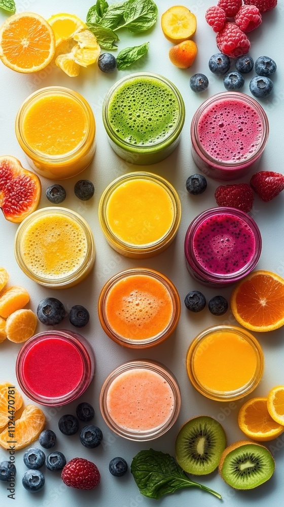 Colorful Fruit Smoothies in Glass Jars with Fresh Ingredients and Vibrant Display