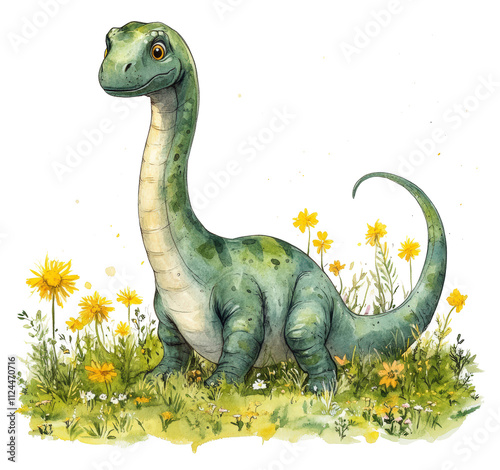 A cartoon dinosaur is standing in a field of yellow flowers. The dinosaur is small and has a big smile on its face. The flowers are scattered around the dinosaur, with some closer to the front photo