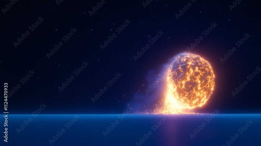 Fototapeta premium Fiery Asteroid Impacting Planet Surface Cosmic Collision Space Disaster