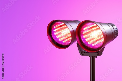 Dual Colorful Spotlights on Stand with Pink Purple Gradient Background photo