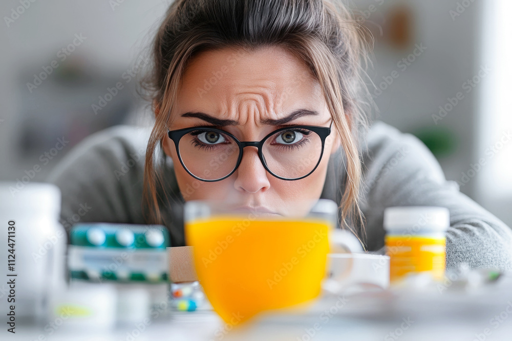 A close-up of a woman in glasses staring intensely at a mug of orange medicine surrounded by various pills and bottles. Concept health, cold, flu, illness A close-up of a woman in glasses staring intensely at a mug of orange medicine surrounded by various pills and bottles. Concept health, cold, flu, illness