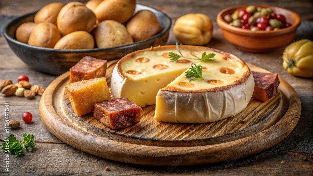 A traditional French dish of hot Mont d'or cheese served with charcuterie and potatoes from the Jura region A traditional French dish of hot Mont d'or cheese served with charcuterie and potatoes from the Jura region