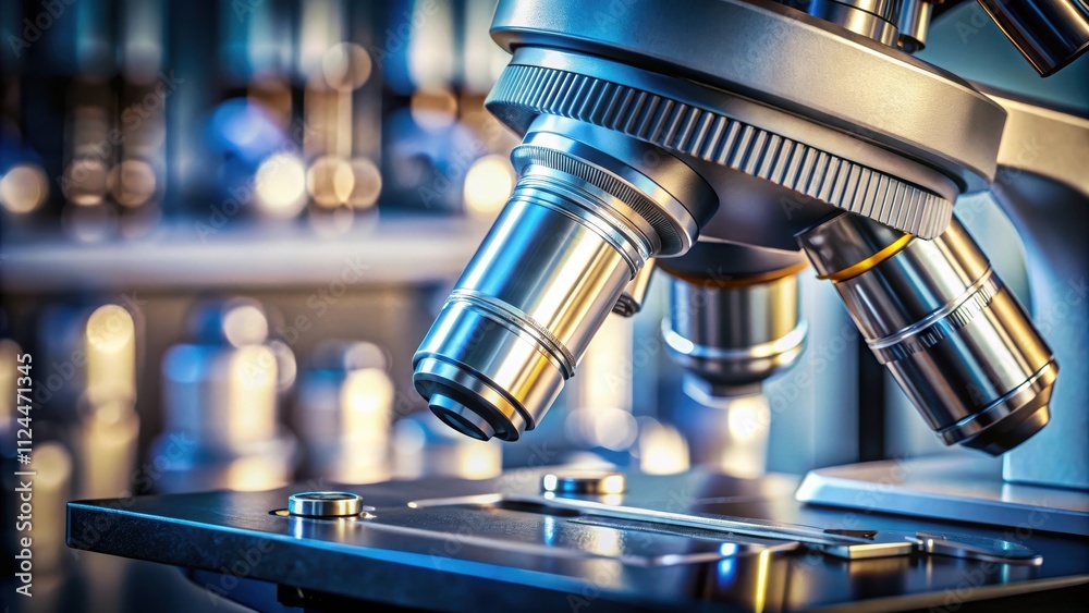 Close-up shot of microscope lens in laboratory setting , microscope, close-up, laboratory, research, scientific, magnify Close-up shot of microscope lens in laboratory setting , microscope, close-up, laboratory, research, scientific, magnify