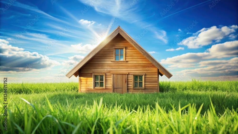 Wooden house with a sloping roof surrounded by lush green grass , rural, cabin, nature, wooden, home, grass Wooden house with a sloping roof surrounded by lush green grass , rural, cabin, nature, wooden, home, grass