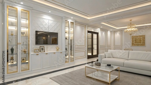Black marble TV wall with gold veining, Opulent black and gold interiors

