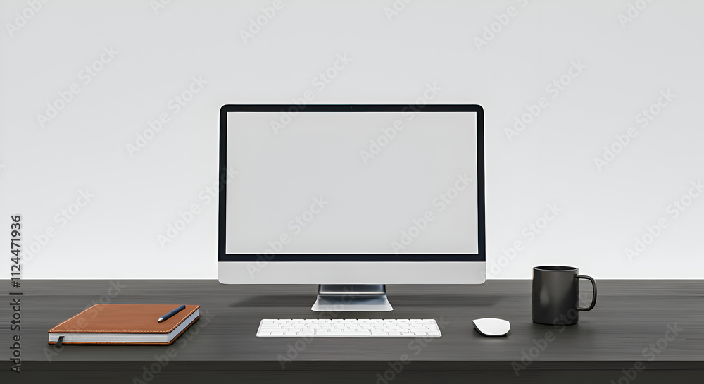 Sleek 3D Office Desk Setup with Computer, Notebook, and Coffee Mug Sleek 3D Office Desk Setup with Computer, Notebook, and Coffee Mug