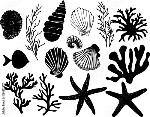 A collection of black silhouettes depicting various marine life including corals, shells, fish, and starfish for underwater themes. photo