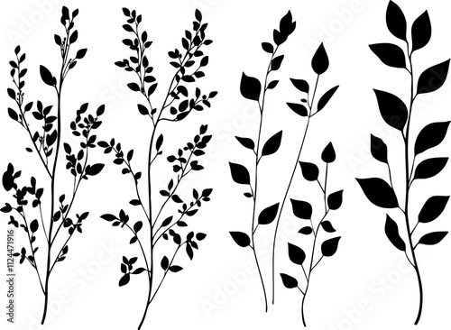 A collection of elegant botanical silhouettes featuring various types of leaves and branches suitable for decorative purposes.