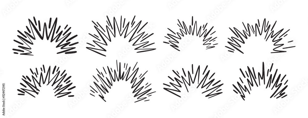 Cartoon doodle line hand drawn boom effect set. comic bomb explosion. energy hit, crash with sparks. Power action elements 