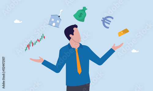 Smart businessman investor juggling finance asset, financial advisor, professional investment expertise concept, real estate, currency, gold.