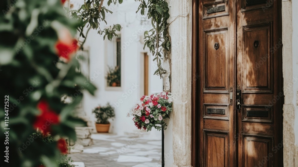 Fototapeta premium Charming Rustic Doorway with Floral Accents in a Quaint Village