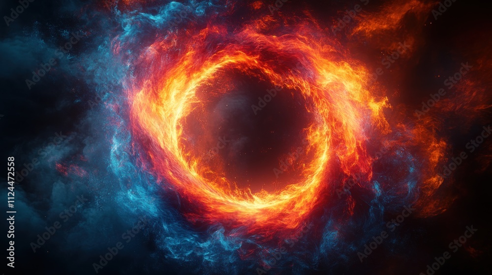 Abstract Energy Sphere of Neon Flames and Waves in Dark Background with Swirling Particles and Sparks