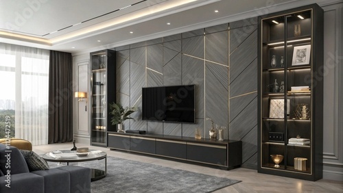 Black marble TV wall with gold veining, Opulent black and gold interiors

