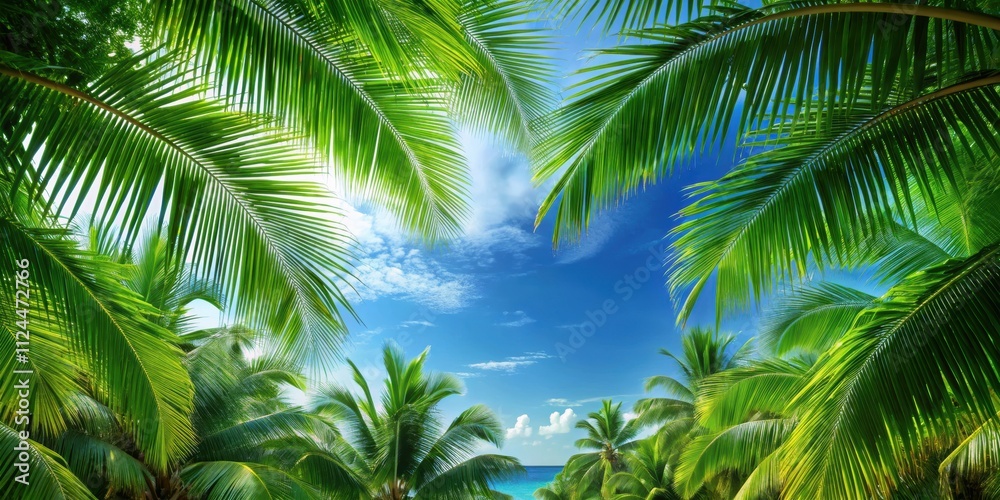 Fototapeta premium Lush green palm leaves frame a tropical paradise with a hint of blue sky , tropical, paradise, green, palm leaves, lush