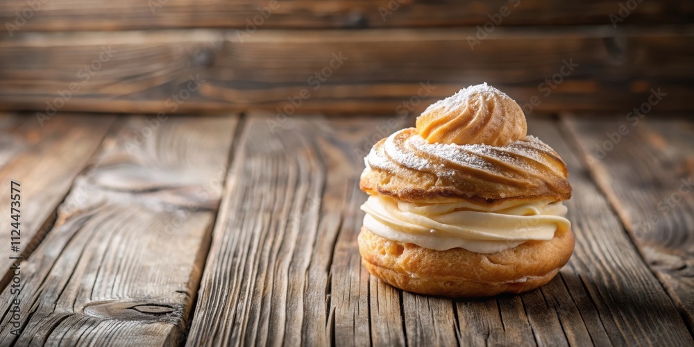 Cream puff pastry on a rustic wooden table, cream puff, choux pastry, dessert, baked goods, sweet, food, delicious, snack Cream puff pastry on a rustic wooden table, cream puff, choux pastry, dessert, baked goods, sweet, food, delicious, snack