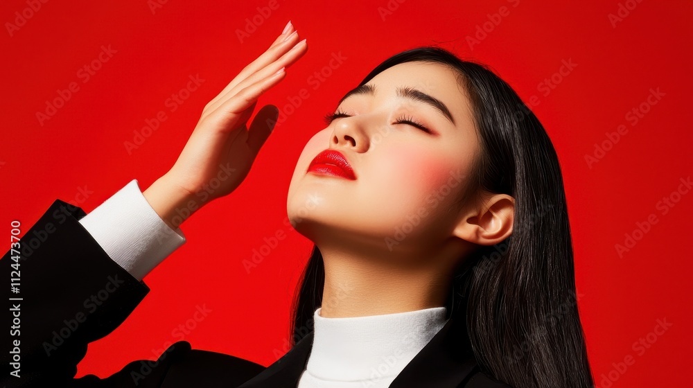 Obraz premium Elegance in Portrait Photography with Model on Vibrant Red Background