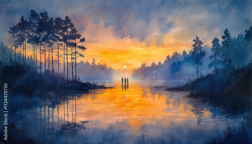 Fototapeta premium Disciples by the River at Dawn in Watercolor Landscape