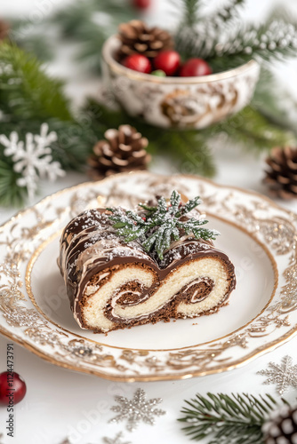 A close-up photo of Yule log cake on a vintage ceramic plat , set against a white background, with snowflakes and pine cones surrounding it. In the background, a bowl is filled with pines. 