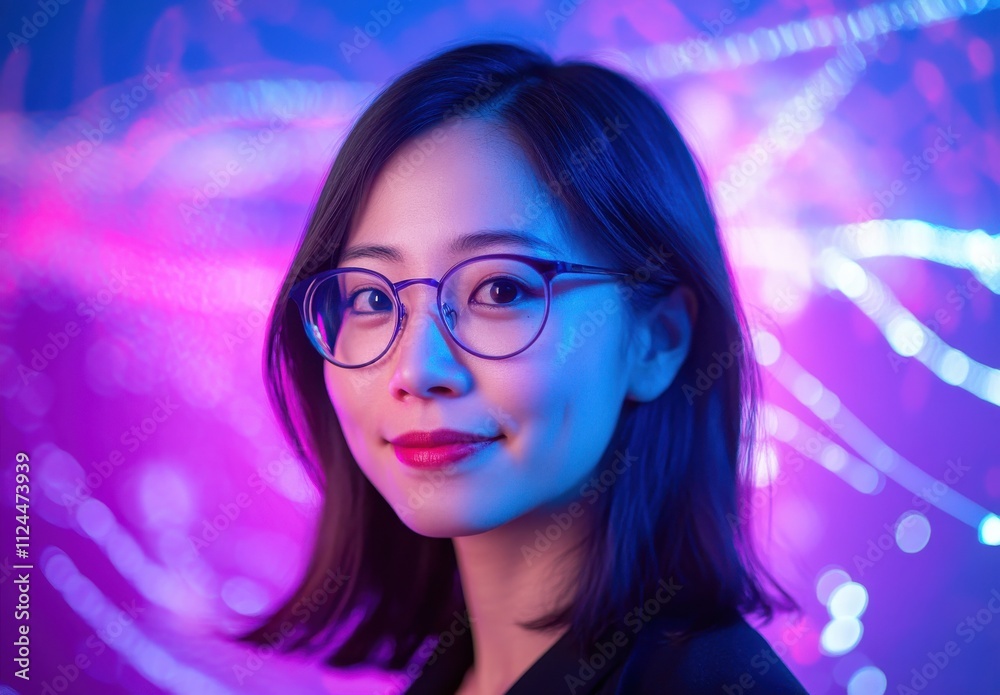 Stylish Young Woman with Glasses Posing Against a Colorful Neon Background, Capturing a Modern, Trendy Aesthetic in a Studio Setting Stylish Young Woman with Glasses Posing Against a Colorful Neon Background, Capturing a Modern, Trendy Aesthetic in a Studio Setting