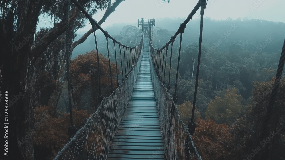 Obraz premium Misty Suspension Bridge Overlooking Lush Forest