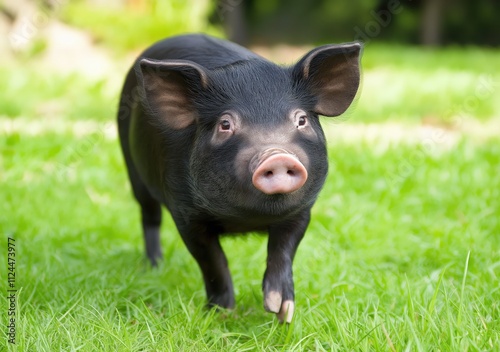 Wild boar standing in the forest, closeup shot photo