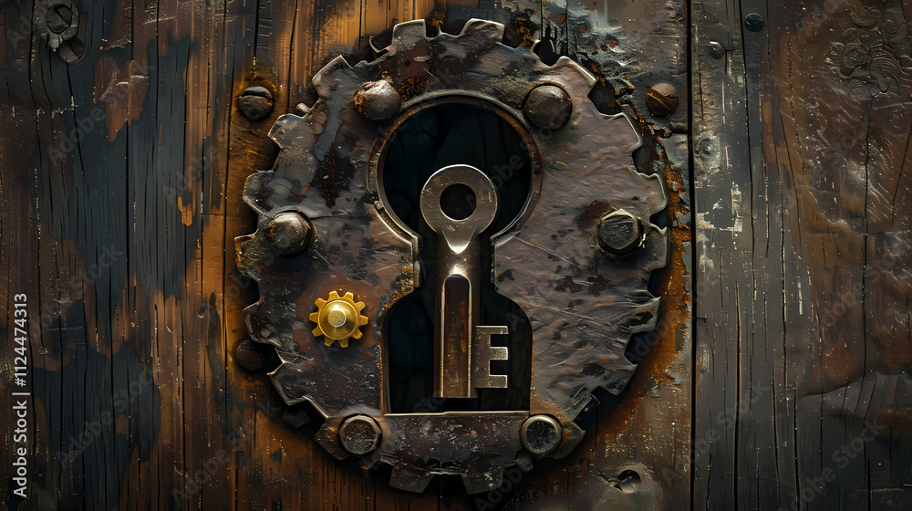 The Key to Innovation: A weathered wooden door with a keyhole shaped like a gear, framed by a vintage key. The keyhole is the focus, with a brass gear representing the mechanics of innovation. The Key to Innovation: A weathered wooden door with a keyhole shaped like a gear, framed by a vintage key. The keyhole is the focus, with a brass gear representing the mechanics of innovation.