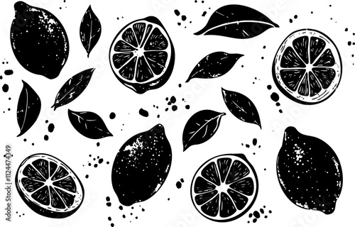 A black and white illustration featuring various lemons, lemon slices, and leaves, perfect for food-related designs or kitchen decor.