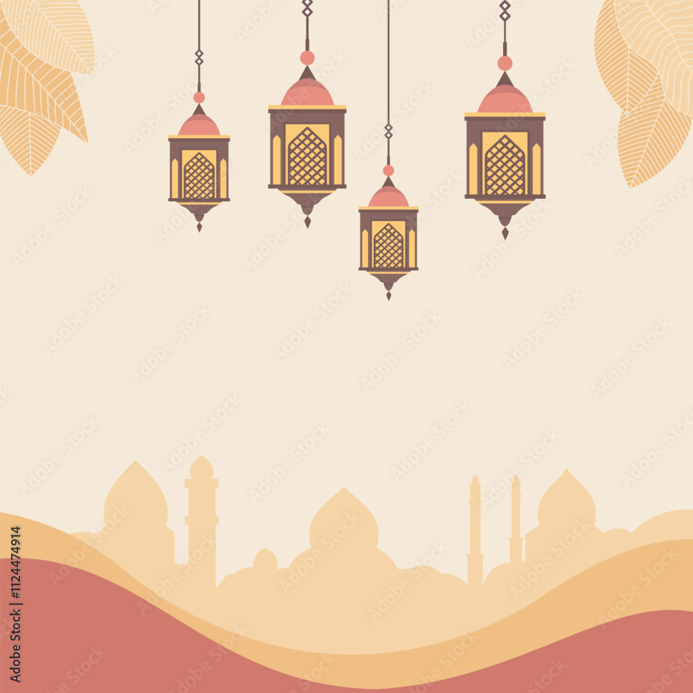 Fototapeta premium Empty Islamic Greeting Card Frame Background with Mosque Lantern Decoration