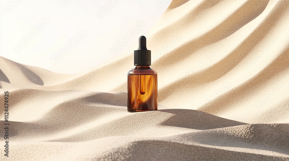 Naklejka premium Bottle of serum oil cosmetic product beach sand background. Abstract podium product presentation on a sandy background. 3D render.