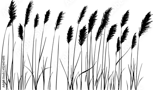A minimalist black silhouette of tall grass and reeds against a white background, perfect for nature-themed designs.