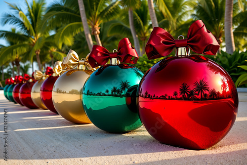 A row of colorful christmas ornaments lined up on a sidewalk with palm trees in the background photo