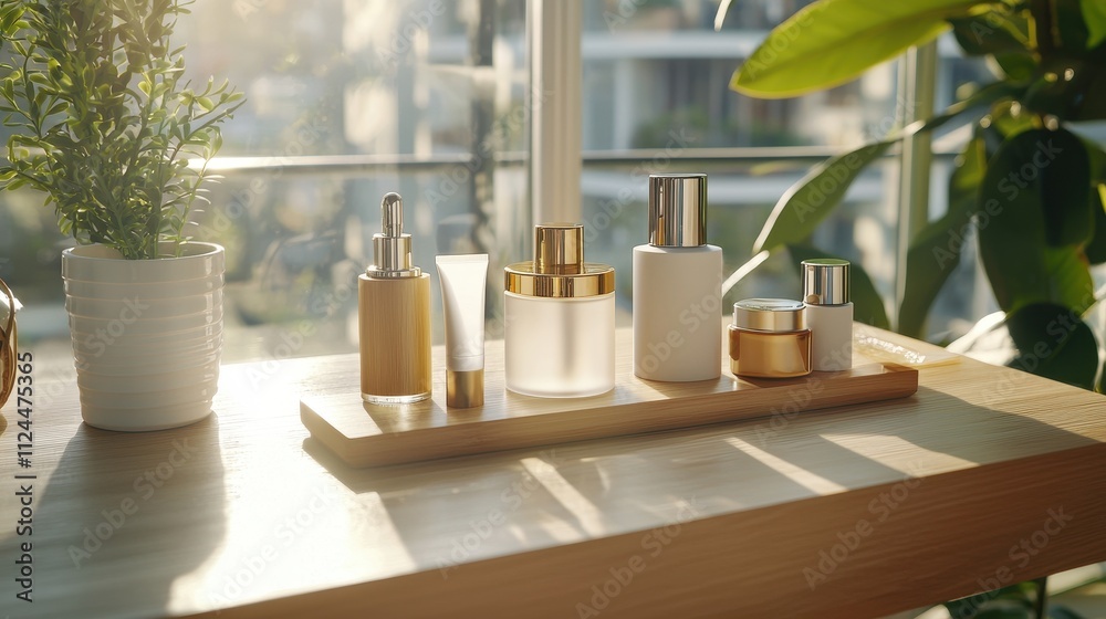 Arrangement of Skincare Products on Wooden Tray by Sunlight Near Window Arrangement of Skincare Products on Wooden Tray by Sunlight Near Window