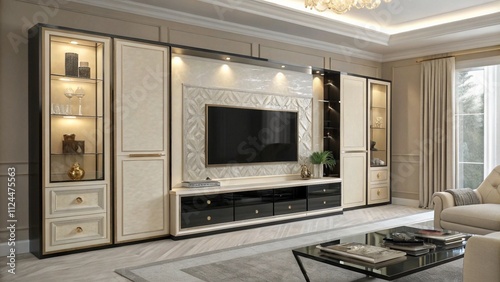 Charcoal gray fluted TV wall with brass accents, Contemporary fluted and brass decor


