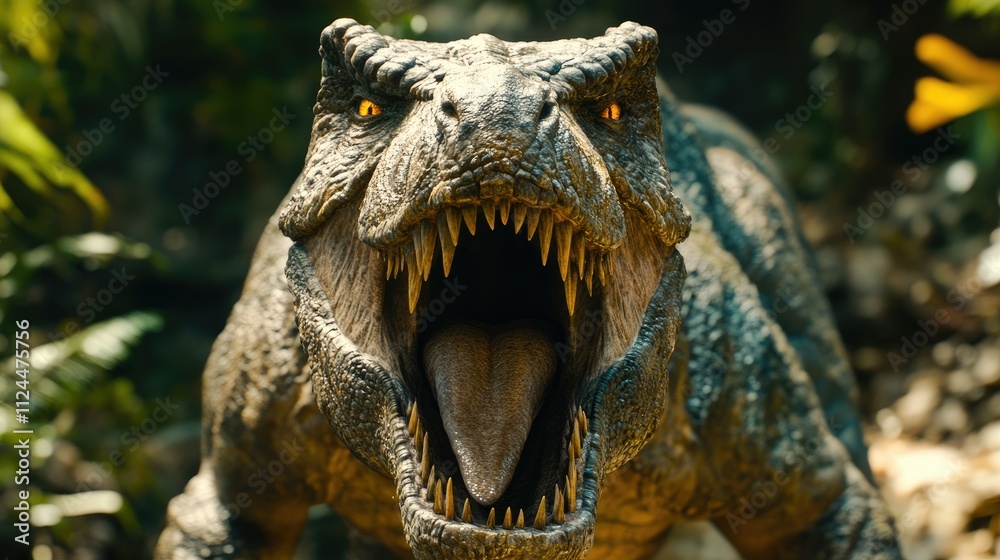 Close-up of a roaring Tyrannosaurus Rex in a lush jungle setting. Close-up of a roaring Tyrannosaurus Rex in a lush jungle setting.