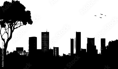 A minimalist silhouette of a city skyline featuring buildings, a tree, and birds against a stark black and white backdrop.