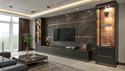 Charcoal gray fluted TV wall with brass accents, Contemporary fluted and brass decor

